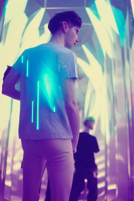 Prompt: agfa vista 4 0 0 photograph of a skinny guy in a hall of mirrors, futuristic, synth vibe, vaporwave colors, lens flare, flower crown, back view, moody lighting, moody vibe, telephoto, 9 0 s vibe, blurry background, grain, tranquil, calm, faded!,
