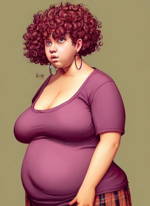 Image similar to full body portrait, teenage vanessa morgan, pink hair, brown skin, obese, curly pixie hair, sultry, realistic, short hair, hoop earrings, skirt, shirt, fat, belly, intricate, elegant, highly detailed, digital painting, artstation, concept art, smooth, sharp focus, illustration, art by wlop, mars ravelo and greg rutkowski