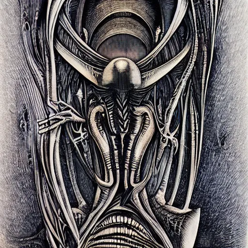 Image similar to a artwork called the room by h. r. giger and aaron horkey.