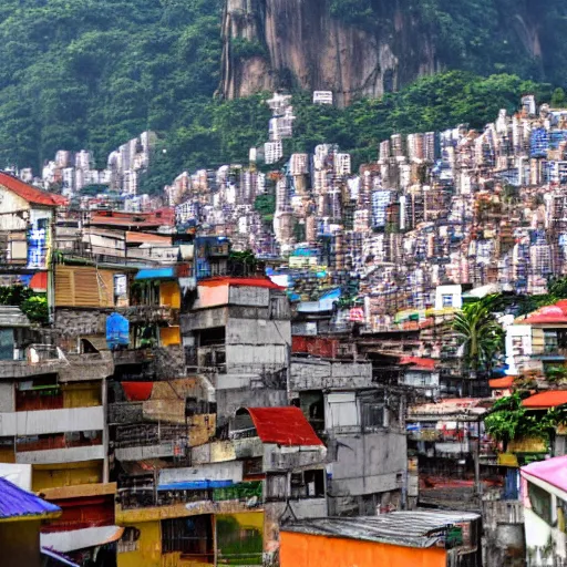 Image similar to photo of rio de janeiro favela being invaded by armed aliens,barraco, samba, churrasco, photorealistic, warm colors, tranquil, peace, happy rocinha