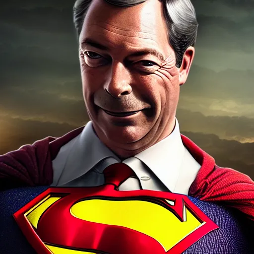 Image similar to Portrait of Nigel Farage as superman, heroic, amazing splashscreen artwork, splash art, head slightly tilted, natural light, elegant, intricate, fantasy, atmospheric lighting, cinematic, matte painting, detailed face, by Greg rutkowski