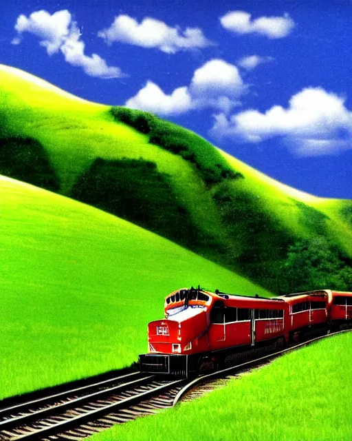 Image similar to strange. a train traveling through a lush green countryside, an album cover by ian hamilton finlay, tumblr, expressionism, windows xp, strange, ue 5