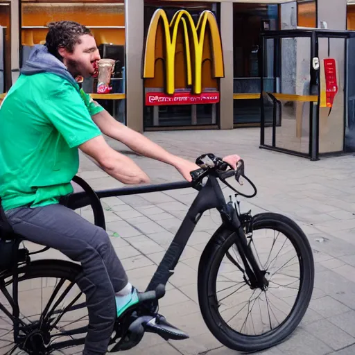 Image similar to cyclist in mcdonalds toilet eating donuts and drinking yerba mate