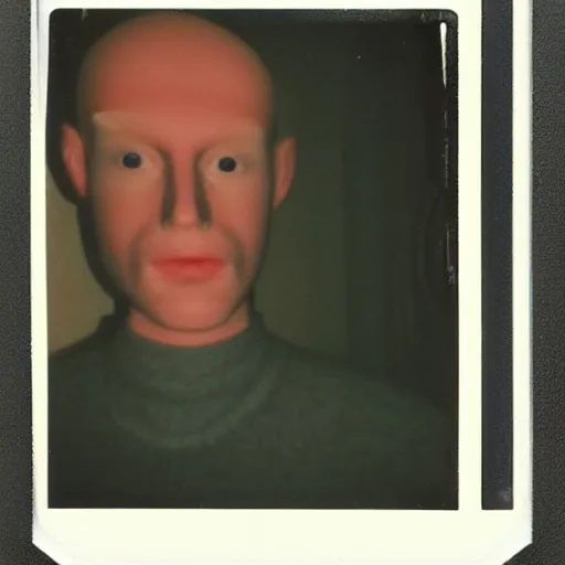 Image similar to a man with slightly distorted facial features, creepy, unsettling, uncanny valley!!!, old polaroid, expired film,