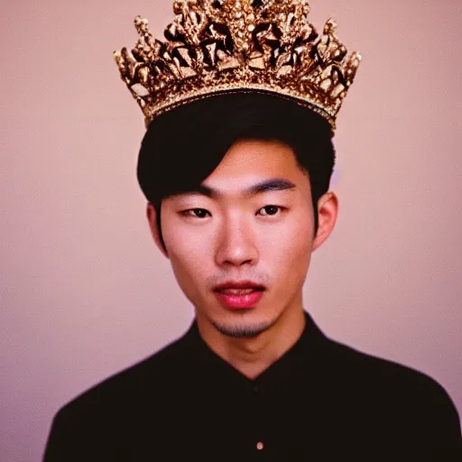 Prompt: Portrait of a handsome asian young man wearing a crown and jewelry, fashion, cinematic lighting, captured in low light, sharp focus, detailed, cinestill 800t