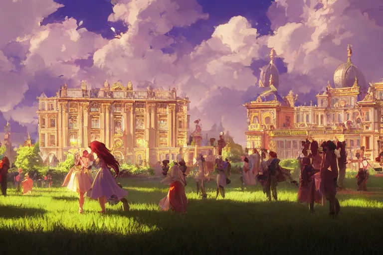 Prompt: an ornate baroque palace, party in front, scene in an open field. key visual, conceptart, ambient lighting, highly detailed, digital painting, artstation, concept art, sharp focus, by makoto shinkai and akihiko yoshida and greg manchess