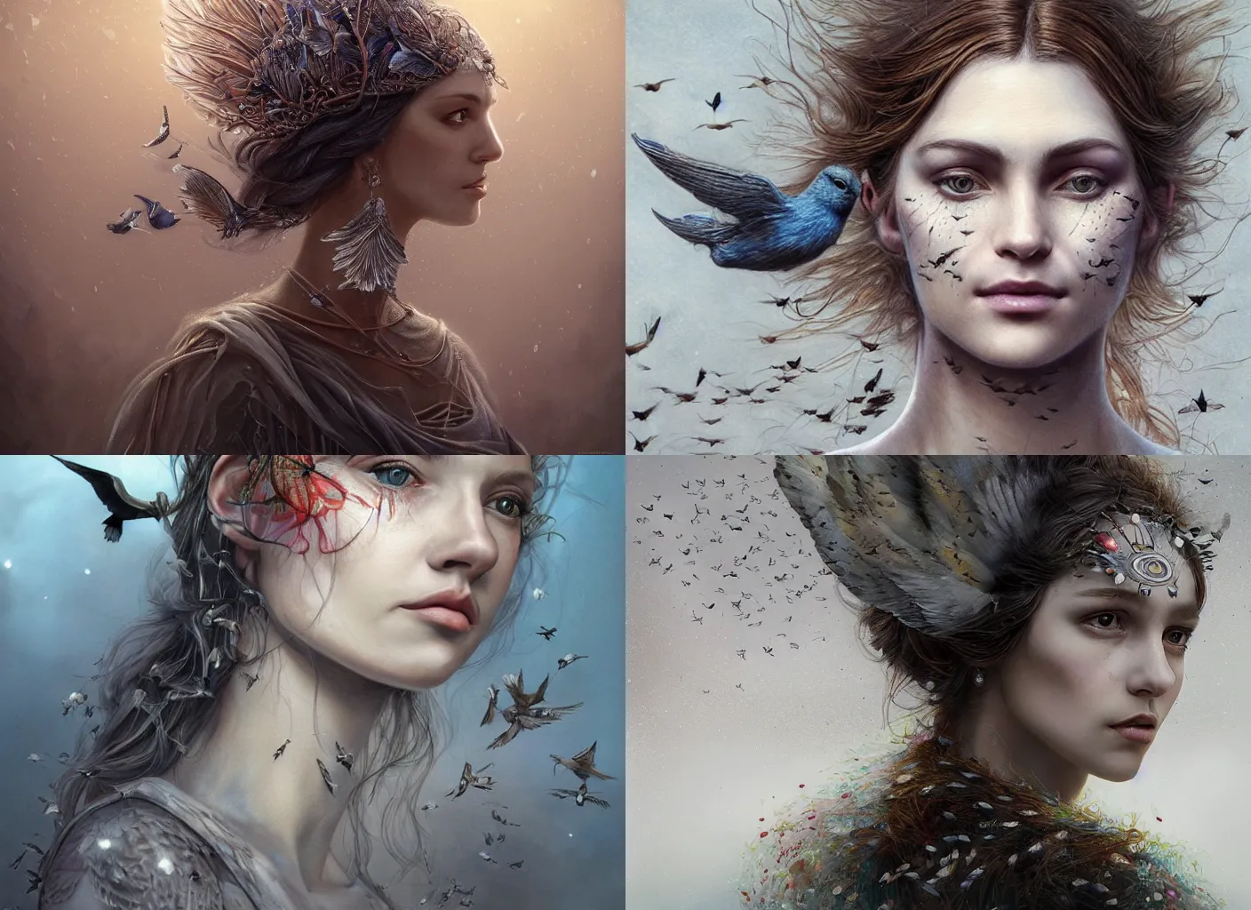Prompt: realistic character concept, noridc princess with lots of birds in the face, elegant pose, scifi, illustration, symmetrical face and body, artstation, cinematic lighting, hyperdetailed, 8 k, inspirate by michael shapcott, inspirate by melissa forman, insanely detailed and intricate, elegant, dark fractal background, vfx, art deco, postprocessing
