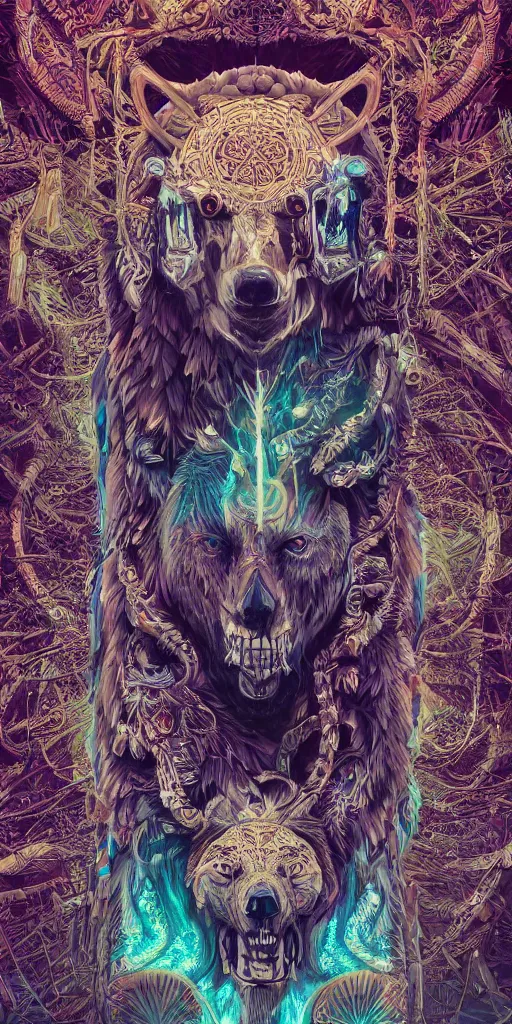 Image similar to A totem with an eagle an wolf a bear and a skull by beeple, coherent symmetrical intricate psychedelic ornate artwork, high detail, digital painting, hyper realism, octane render, 4k, trending on artstation