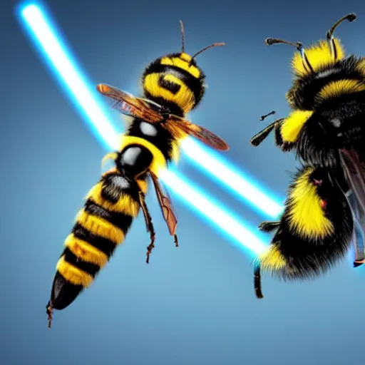 Image similar to a wasp and a bumble bee duelling with lightsabers