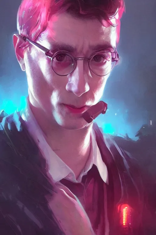 Image similar to portrait of Ron Wisly from harry potter in cyberpunk, neon lighting, night city, digital art from artstation by Ruan Jia and Mandy Jurgens and Artgerm and william-adolphe bouguereau and Greg Rutkowski and Wayne Barlowe