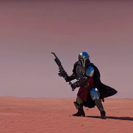 Image similar to the mandalorian fires his weapon sideways while flying over the mars desert