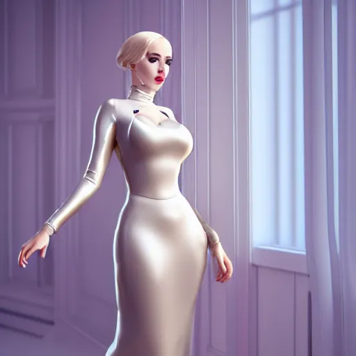 Image similar to an elegant curvy feminine pale goth cutie wearing an elaborate tight latex-nylon-leather white-cyan-gold tube gown, thin waist, cgsociety, photorealistic, sublime comforting ambience, 16k, smooth, sharp focus, trending on ArtStation, volumetric lighting, worksafe