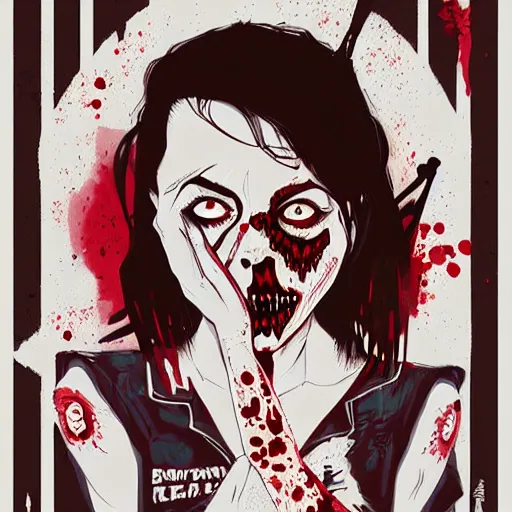 Prompt: Highly detailed portrait of a latino punk zombie young lady by Atey Ghailan, by Loish, by Bryan Lee O'Malley, by Cliff Chiang, inspired by iZombie, inspired by graphic novel cover art !!!red, brown, black and white color scheme ((dark blue moody background))