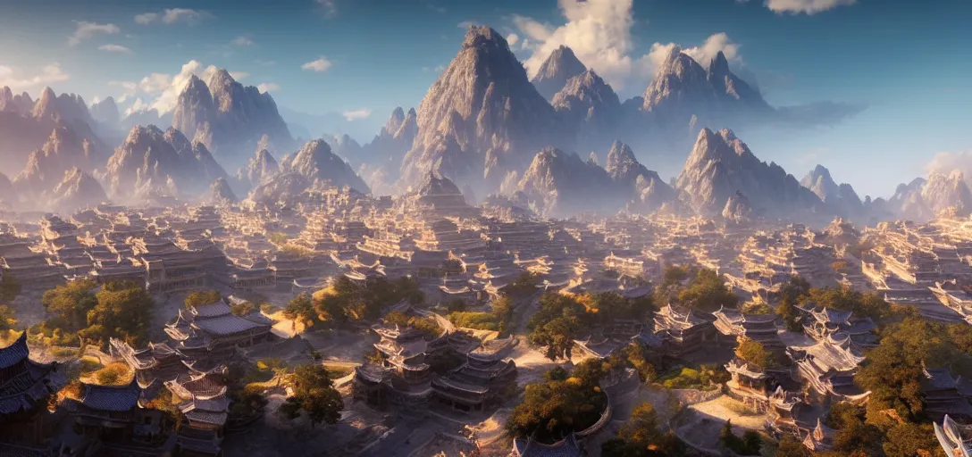 Image similar to epic view of beautiful ancient chinese city, clear blue skies, mountains and hills in the far background distance, unreal engine, dramatic lighting, detailed, ambient occlusion, global illumination, god rays, 3 d artstation render by greg rutowski and jessica rossier