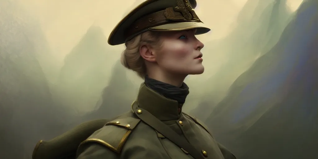 Prompt: a beautiful nordic woman, blue eyes, wearing a world war 1 uniform, extremely detailed digital painting, in the style of fenghua zhong and ruan jia and jeremy lipking and peter mohrbacher, mystical colors, rim light, beautiful lighting, 8 k, stunning scene, raytracing, octane, trending on artstation