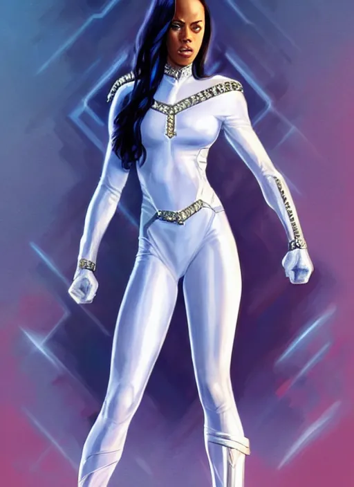 Image similar to full body portrait of marvel cinematic universe aaliyah haughton, x - men, emma frost, elegant, diamonds!! super hero, white outfit, diamond skin, highly detailed!! digital painting, artstation, glamor pose, concept art, sharp focus, illustration, art by artgerm and greg rutkowski, artey freytag