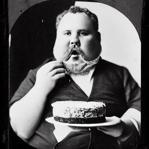 Image similar to a daguerrotype photo of a fat man eating a cake, award winning photo