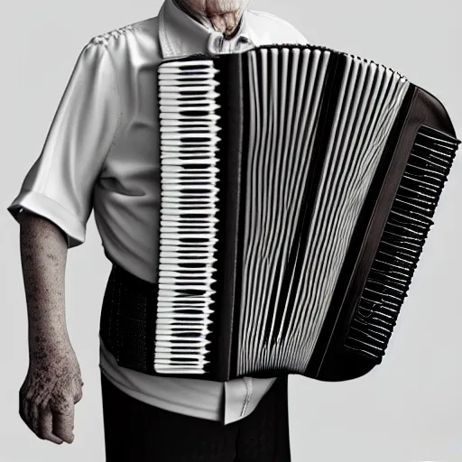 Image similar to an old man with an accordion replacing his neck, he's wearing a cylinder, a very hunched back, 4K 3D render, stylized