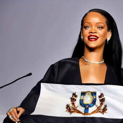 Image similar to Rihanna president of Argentina, flags of Argentina behind, detailed