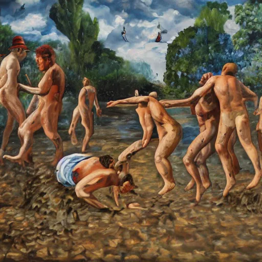 Image similar to 3 drunks fall over mud - wrestling,, where's wally, oil painted ( ( ( ( ( ( by salvador dali ) ) ) ) ) )