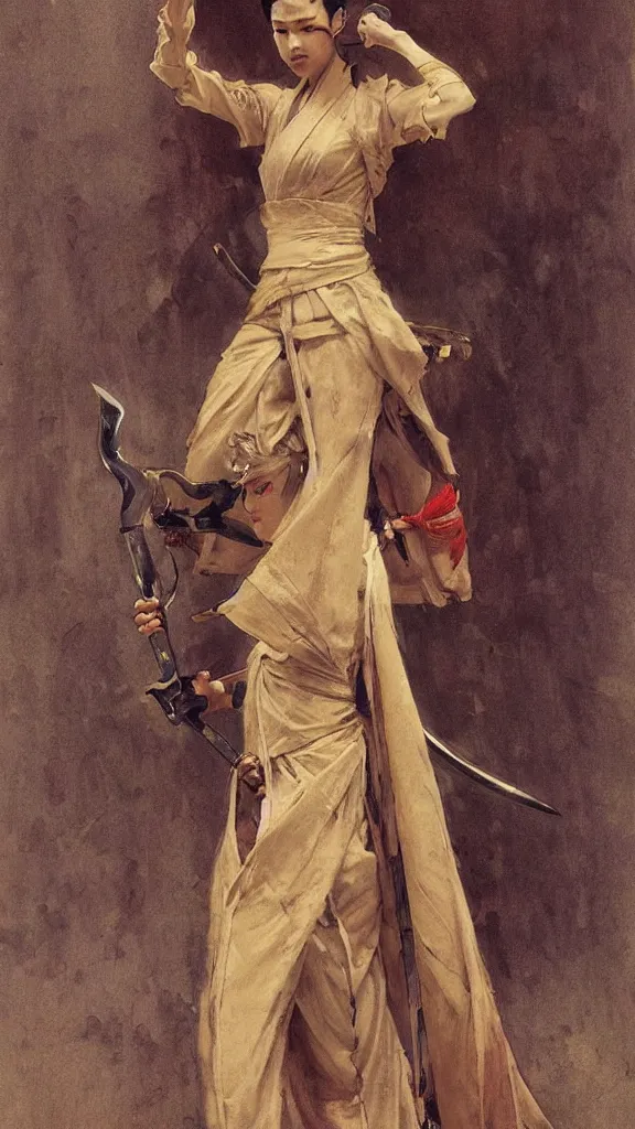 Prompt: modern elegant tanned female samurai ninja, with large sword, open exposed back, wide leg hakama trousers, by gaston bussiere, mucha, gerome, craig mullins, greg rutkowski, john singer sargent