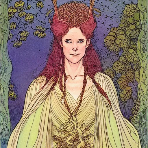 Image similar to a beautiful portrait of sanna!!!!! marin!!!!!, the young female prime minister of finland as a druidic wizard by rebecca guay, michael kaluta, charles vess and jean moebius giraud