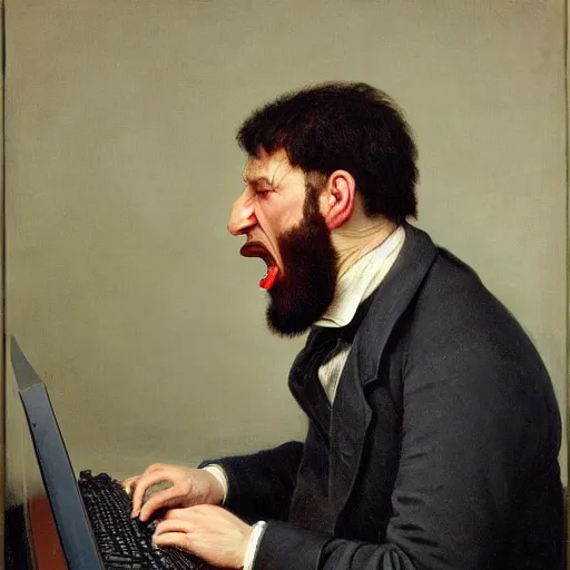 Image similar to an angry man yells at his computer monitor, oil on canvas, 1 8 8 3, highly detailed, high resolution