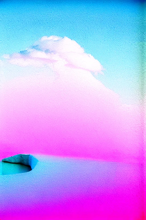 Image similar to high quality pastel coloured film close up wide angle photograph of a model wearing clothing swimming on cloud furniture in a icelandic black rock!! environment in a partially haze filled dreamstate world. three point light, rainbow. photographic production. art directed. pastel colours. volumetric clouds. pastel gradient overlay. waves glitch artefacts. extreme facial clarity. 8 k. filmic.