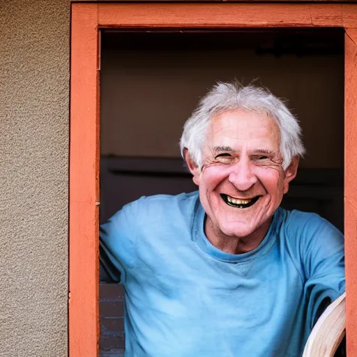 Image similar to a smiling old man climbing through a window