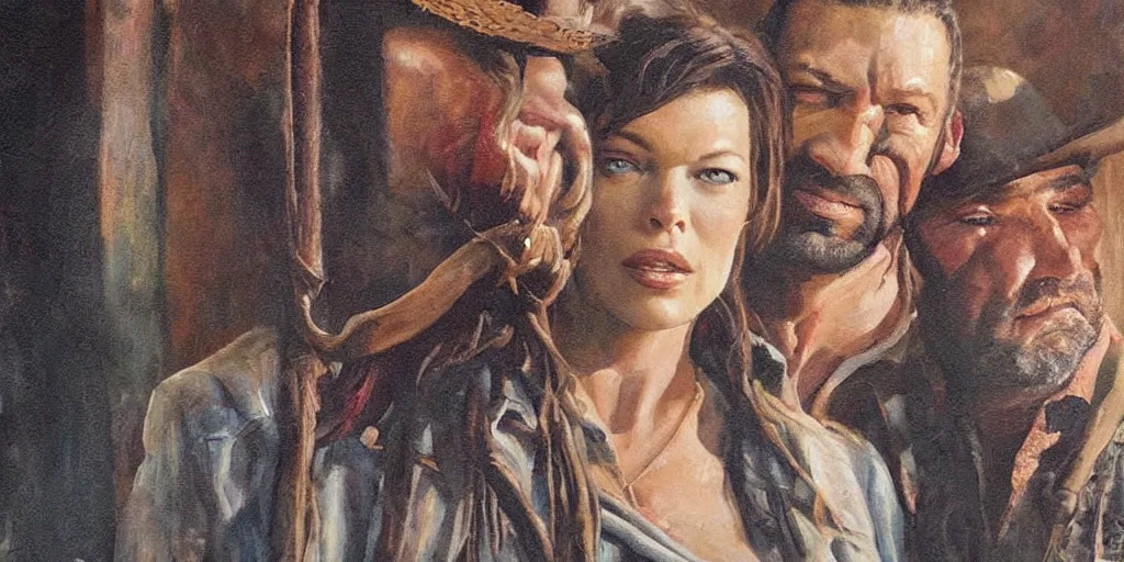 Prompt: oil painting close up of Mila Jovovich and Dave Bautista in the old west in a cabin on the prairie-n 4