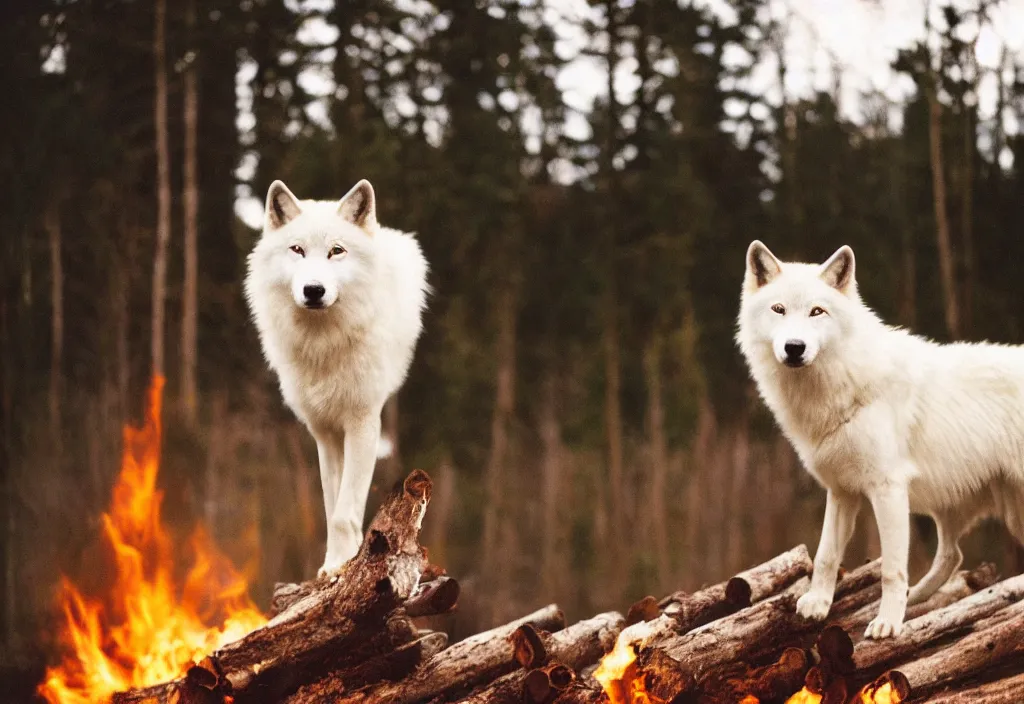 Prompt: lomo photo of a white wolf in front of a burning log cabin, cinestill, bokeh, out of focus