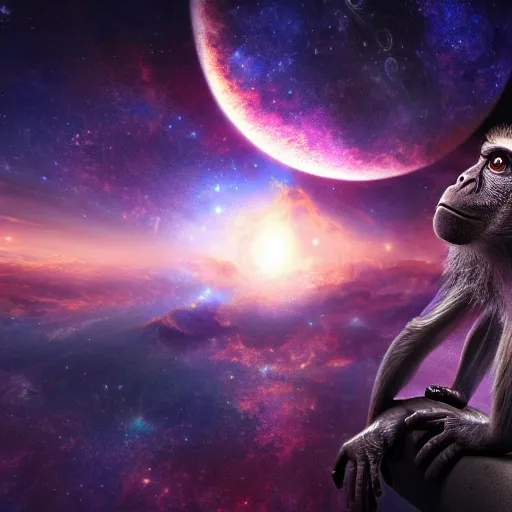 Image similar to the all knowing monkey forming the universe as we know it today, putting the stars in place, beautiful texture, beautiful graphics, fantasy artwork, very beautiful scenery, hd, hdr, ue 5, ue 6, unreal engine 5, cinematic 4 k wallpaper, 8 k, ultra detailed