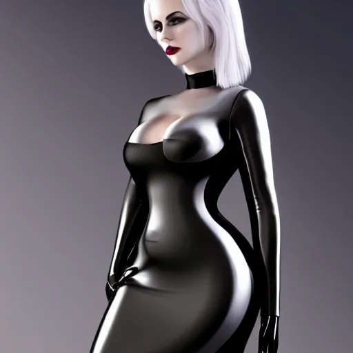 Prompt: a curvy pale hot young goth woman wearing an elegant modest tight shiny silver-black striped latex high-neck dress, cgsociety, photorealistic, sublime-cool-hyperadvanced-dark ambience, 16k, smooth, sharp focus, trending on ArtStation, volumetric lighting, fully clothed, thin waist