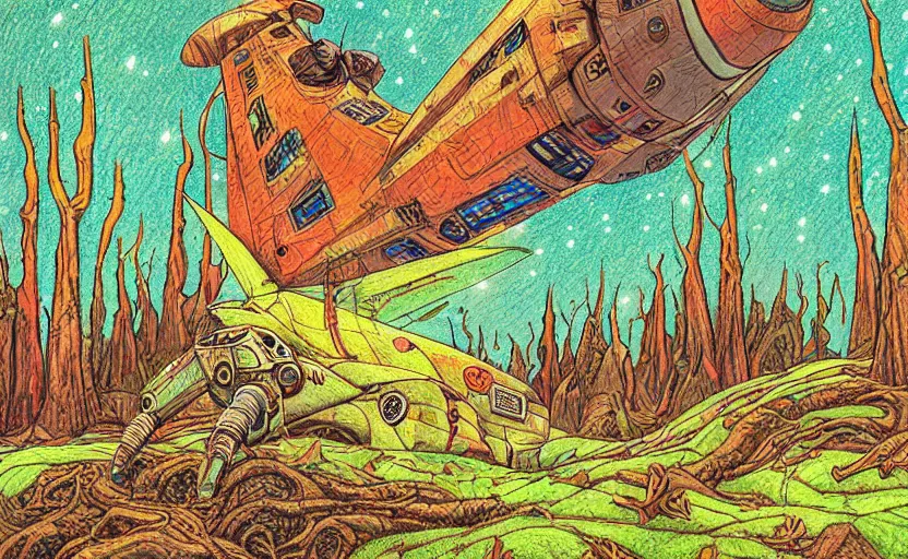 Prompt: intricately detailed color pencil drawing, retro spaceship crash landed on an alien forest landscape