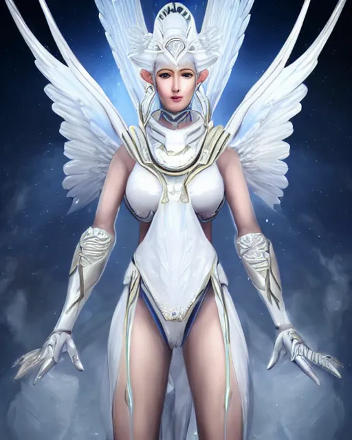 Image similar to perfect white haired egyptian goddess wearing white dove wings, warframe armor, regal, attractive, ornate, sultry, beautiful, dreamy, half asian, pretty face, blue eyes, detailed, scifi platform, 4 k, ultra realistic, epic lighting, android body, illuminated, cinematic, masterpiece, art by akihito tsukushi, voidstar, artgerm