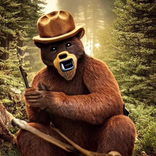 Image similar to UHD candid photo of Smokey The Bear in the loo sitting on the porcelain throne, by Annie leibowitz, photorealisitc, extremely detailed