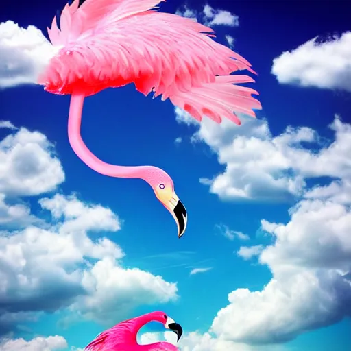 Image similar to goddess wearing a flamingo fashion on the clouds, photoshop, colossal, creative, giant, digital art, photo manipulation, clouds, sky view from the airplane window