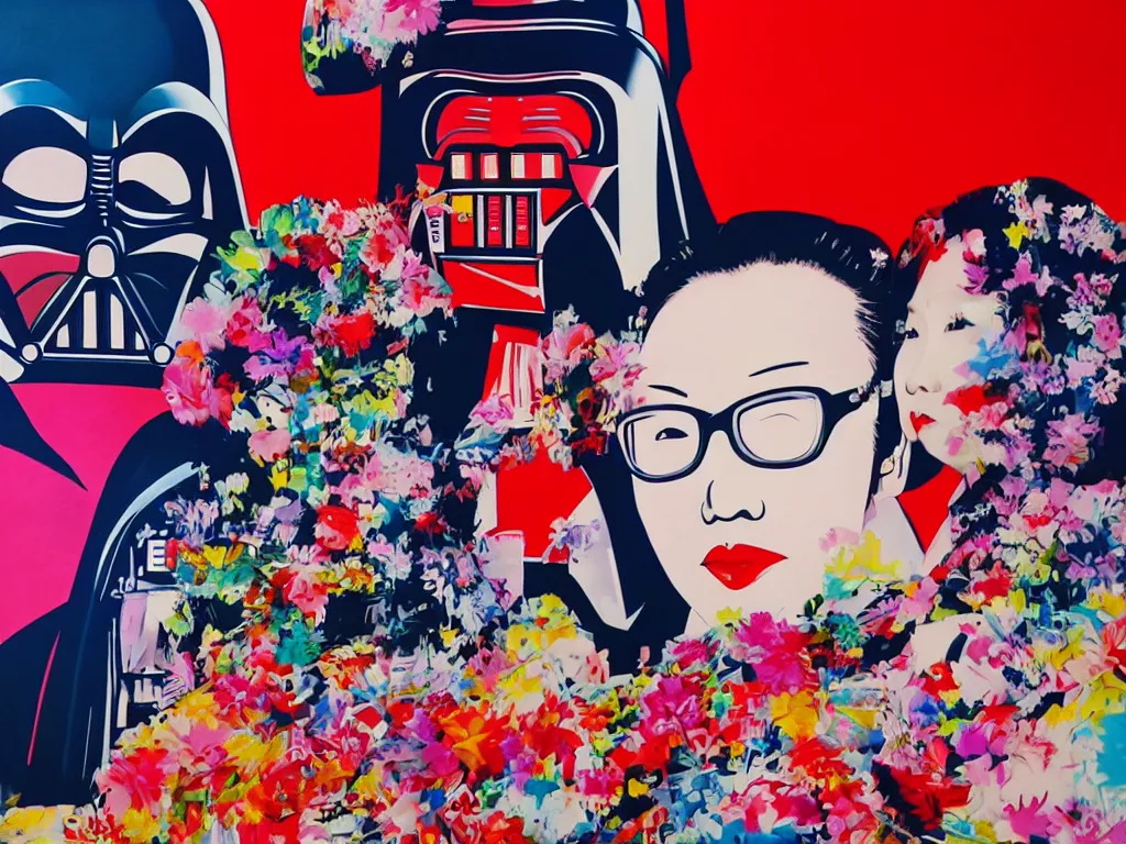 Image similar to hyperrealistic composition, in the middle a woman in a japanese kimono, behind her stands darth vader, in front of her a table from the casino, in the background is mount fuji and fireworks, pop - art style, jacky tsai style, andy warhol style, acrylic on canvas