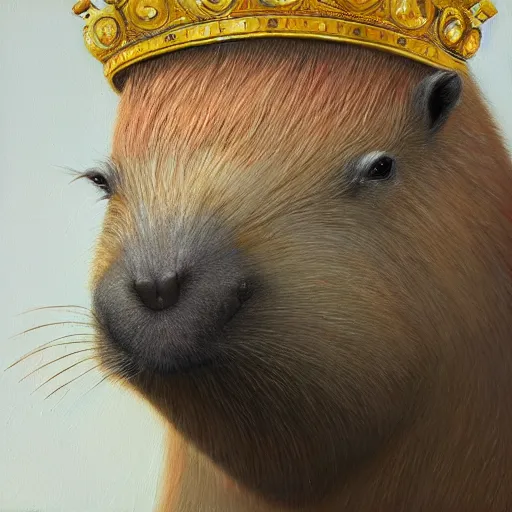 Prompt: detailed photorealistic painting of a capybara wearing a detailed ornamented golden crown sharp focus in the style of ruan jia, Mandy jurgens, cinematic light, concept art, trending on artstation, ultra realistic