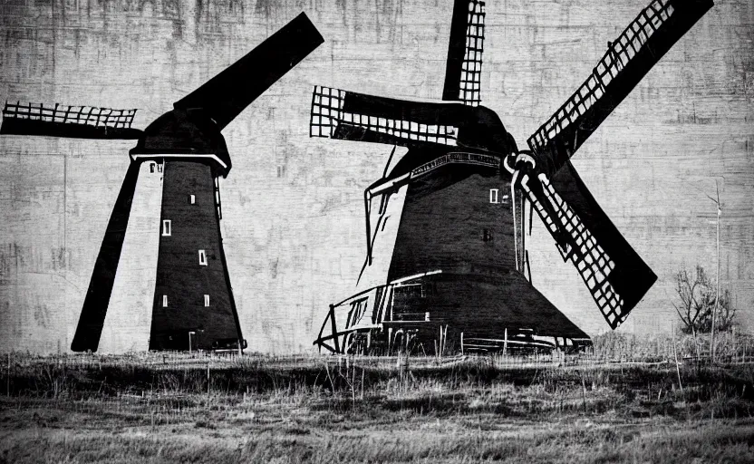 Image similar to mural of dutch windmill, black and white paint, stencil art, abstract, cyberpunk, painted on a giant wall