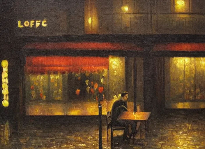 Prompt: being alone at a cafe on a melancholic rainy night by ardon, mordecai, oil painting