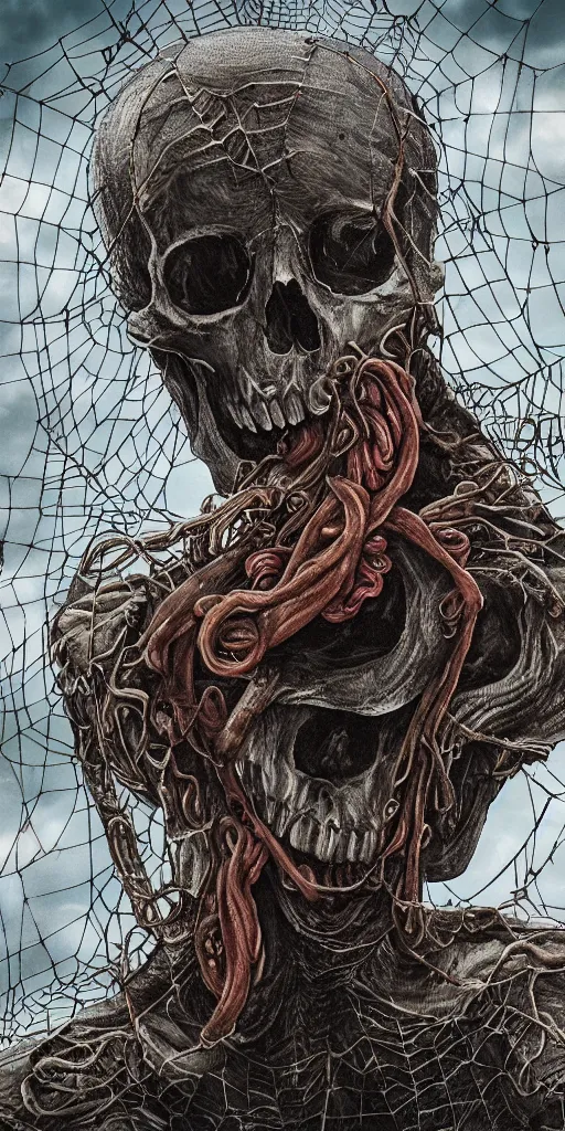 Image similar to a photorealistic giant skull wrapped in intestines, swarming with insects, in a giant spiderweb, ominous stormclouds, heavy rain and lightning, guro art, body horror, art by Shintaro Kago, 4K, cinematic, surreal LUT, epic lighting, photography, UHD, HDR