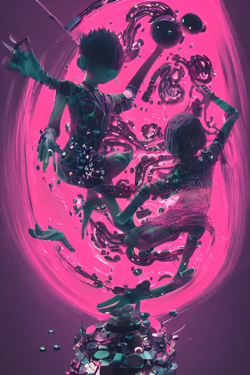 Prompt: epic 3 d abstract emo vibe, spinning hands and feet, 1 6 mm, with black and neon pink peanut butter melting smoothly into asymmetrical spiky bubbles, liquid, delicate, beautiful, intricate, houdini sidefx, trending on artstation, by greg rutkowski and ilya kuvshinov, jamie hewlett and ayami kojima