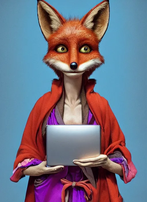 Image similar to an anthropomorphic beautiful goddess female wizard made of fox portrait holding a portable computer wearing colourful robe, fine art, award winning, intricate, elegant, sharp focus, octane render, hyperrealistic, cinematic lighting, highly detailed, digital painting, 8 k concept art, art by jamie hewlett and z. w. gu, masterpiece, trending on artstation, 8 k