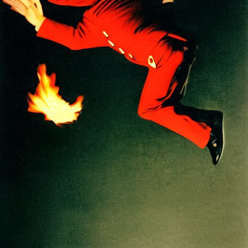 Prompt: vintage photo of spring heeled jack, jumping through the air with fiery eyes, photo journalism, photography, cinematic, national geographic photoshoot