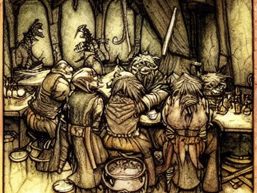 Image similar to goblins in a tavern by arthur rackham and by Tony DiTerlizzi and by brian froud, trending on artstation, detailed