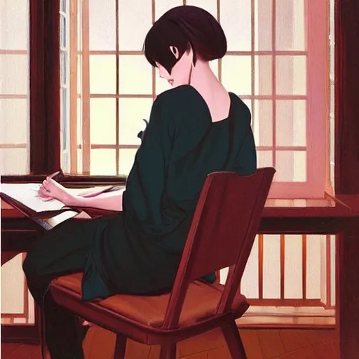 Image similar to oil painting by ilya kuvshinov, sakimichan, coby whitmore, of a youthful japanese beauty, long hair, sitting on antique chair leaning against a desk, victorian room