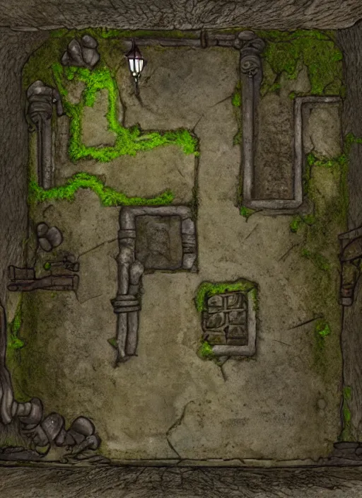 Prompt: An ancient forgotten dungeon, moss, torches, hallway, detailed, art