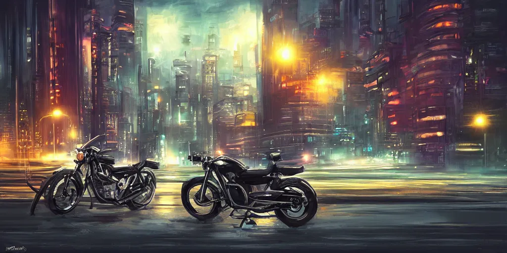 Image similar to motorcycle in a futuristic cityscape at night, soft lighting, realistic painting