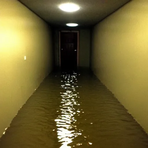 Prompt: a flooded creepy empty basement hallway, craigslist photo